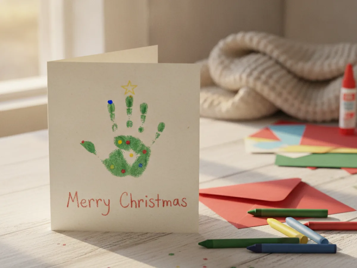 Handmade Christmas card with a small green handprint tree on the front and a child's Merry Christmas greeting