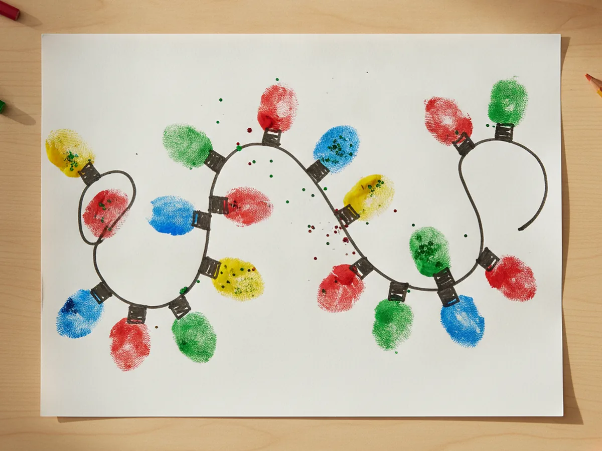 Christmas lights craft made from colorful child fingerprints along a drawn black cord like a string of bulbs