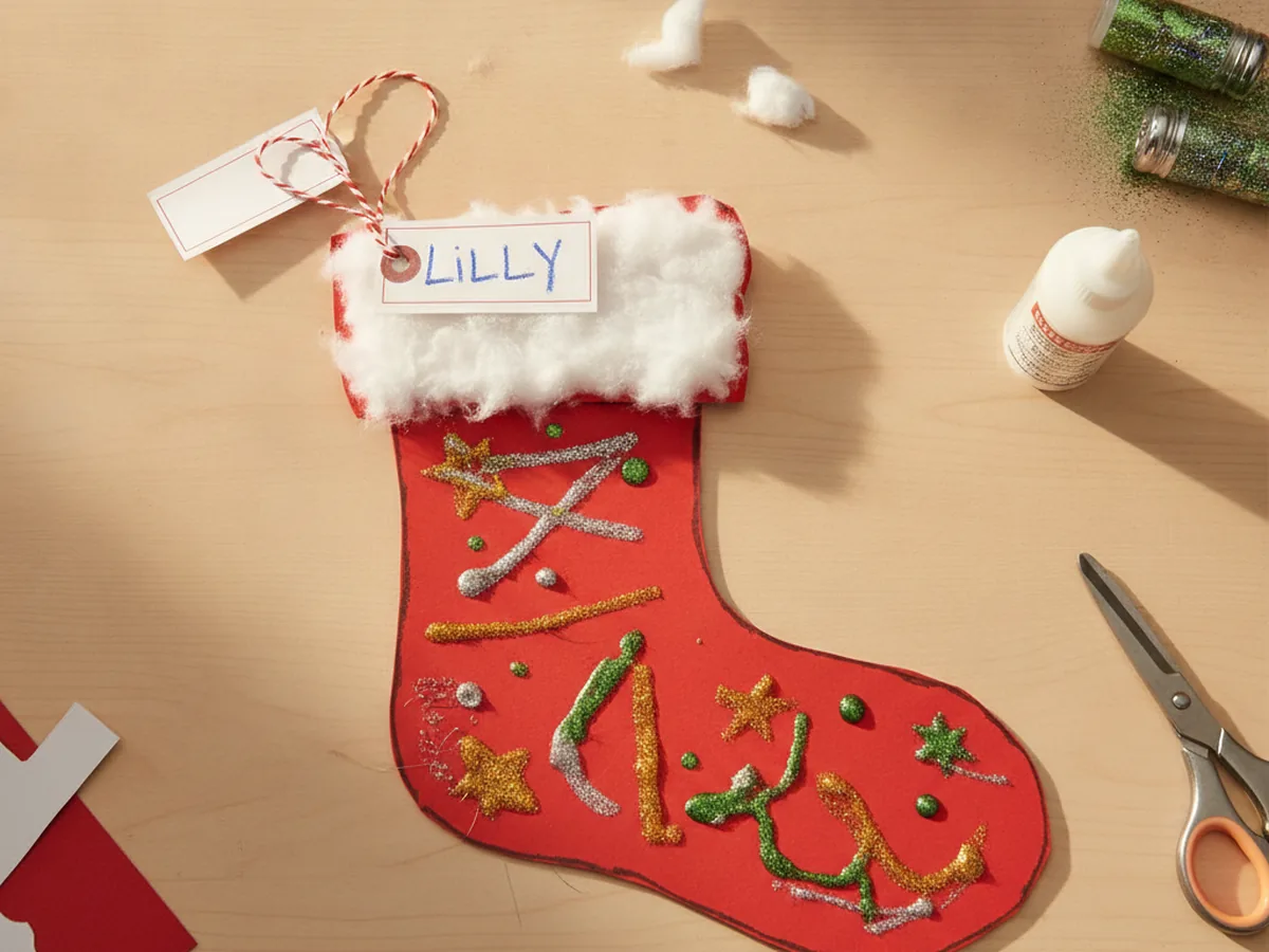 Handprint Christmas stocking traced from a child hand on red paper with a white cotton cuff and name tag