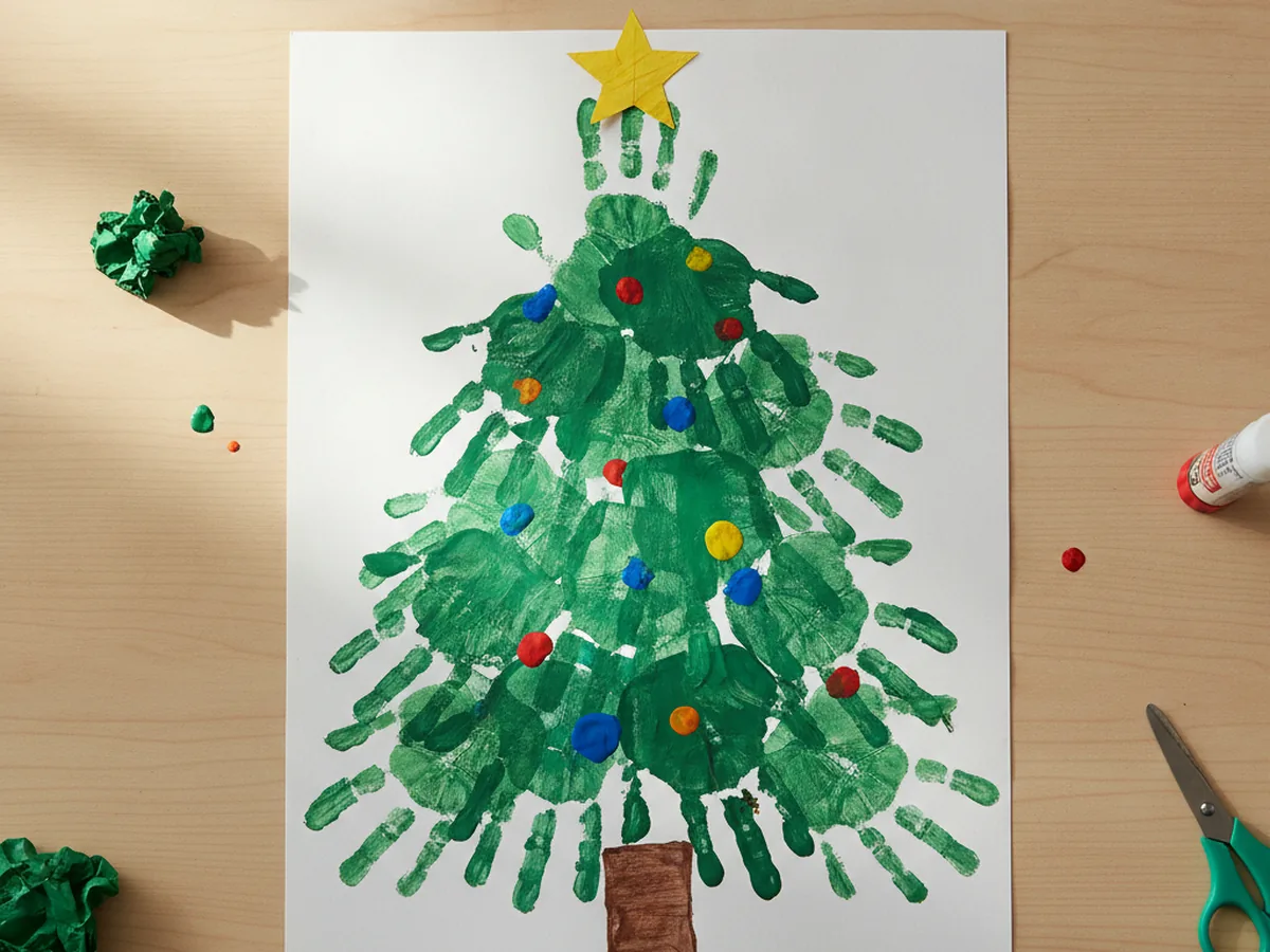 Handprint Christmas tree made from stacked green child handprints with a paper star and fingerprint ornaments