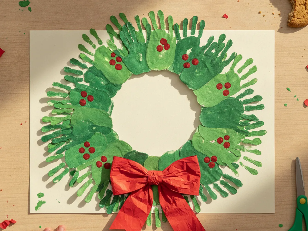 Handprint Christmas wreath made from a ring of green child handprints with red berry dots and a paper bow