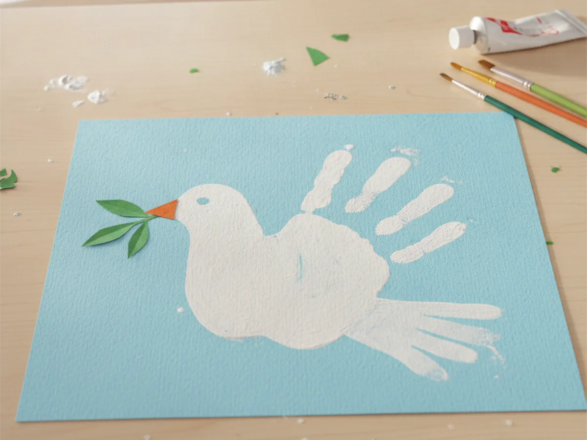 Handprint peace dove made from a white child handprint with fanned wing feathers and a green olive branch