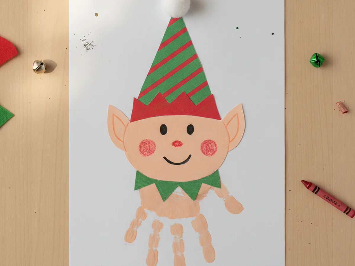 Handprint elf with a peach palm face, green and red striped paper hat, pointed ears, and rosy cheeks