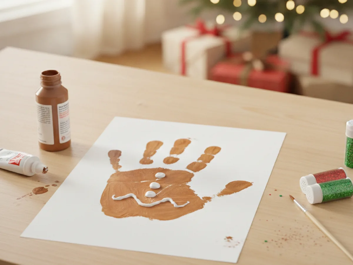 Handprint gingerbread man made from a brown child handprint with white icing buttons and a zigzag smile