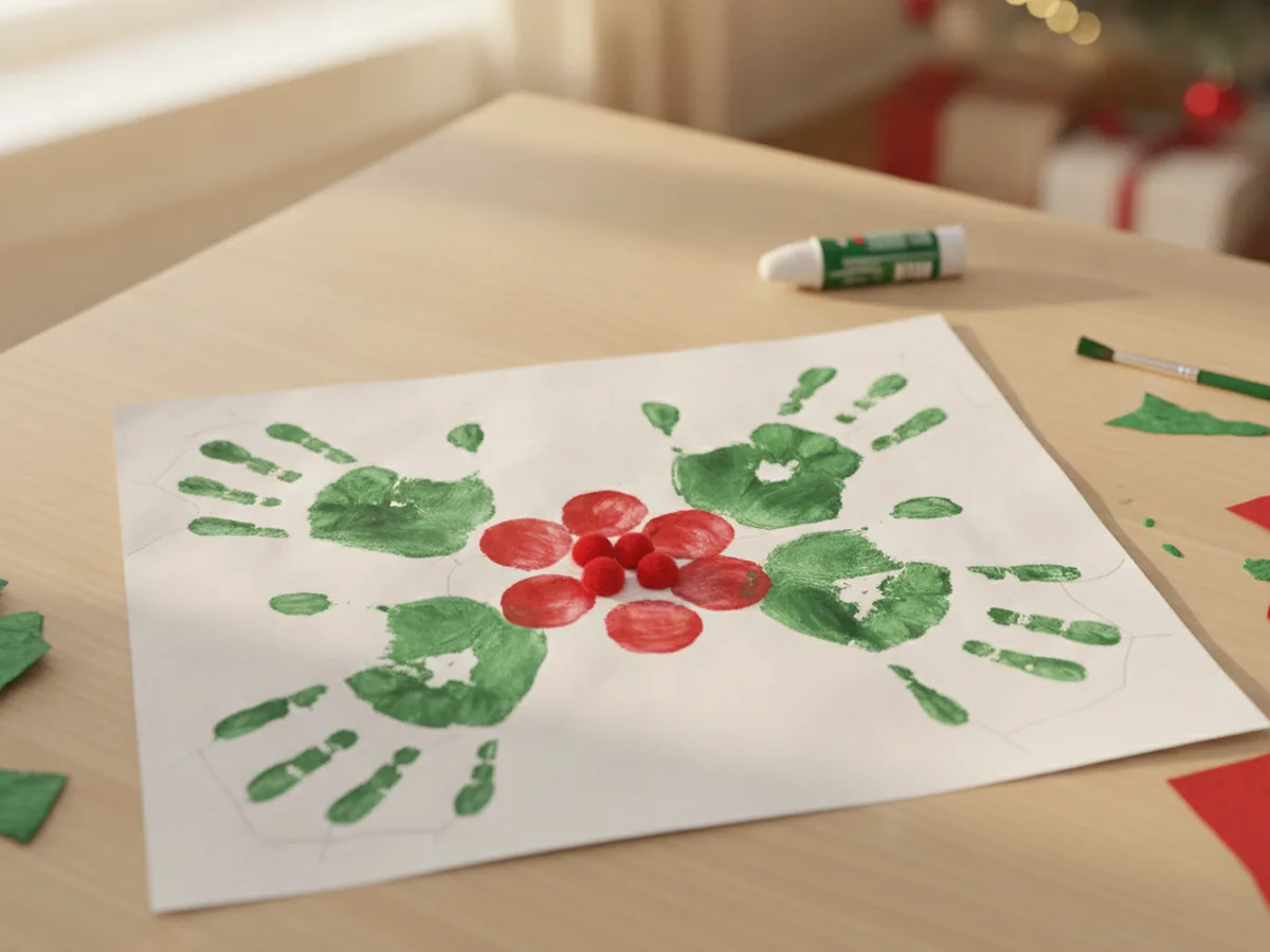 Handprint holly made from green child handprints forming pointed leaves with a cluster of red berries