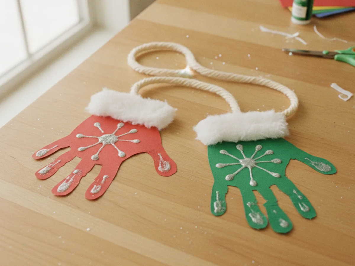 Paper mittens traced from child handprints on red and green paper with cotton cuffs and glitter snowflakes