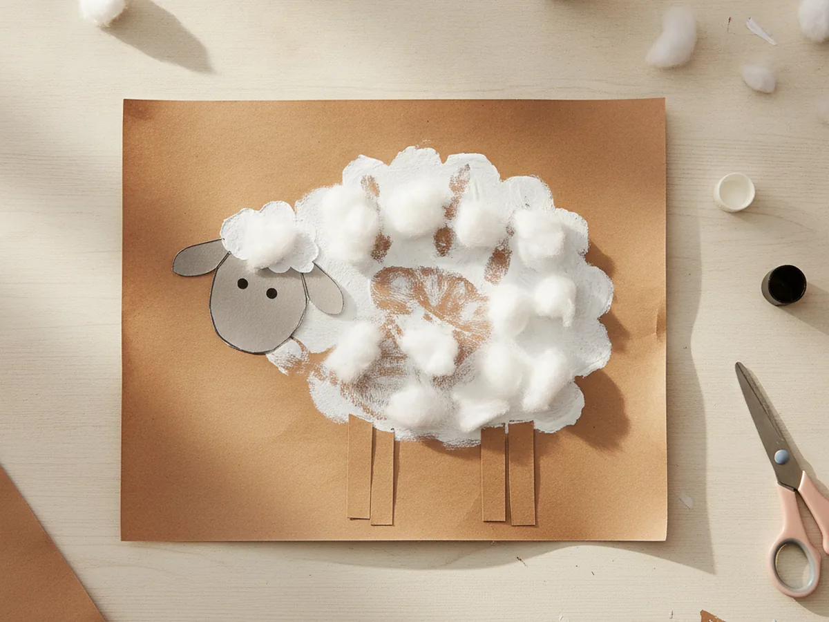 Handprint nativity sheep made from a white child handprint with fluffy cotton wool and a small grey head
