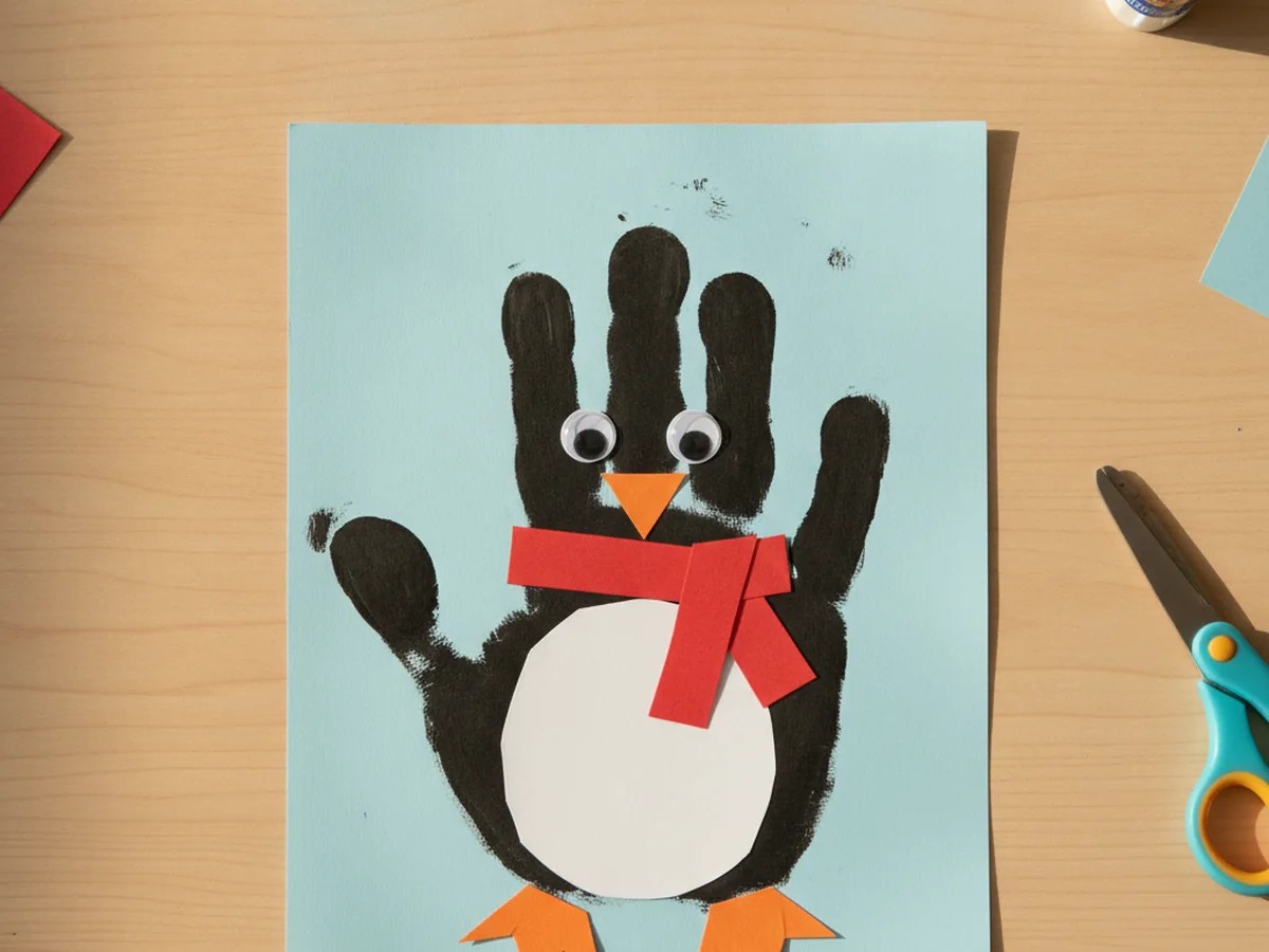 Handprint penguin made from a black child handprint with a white paper belly, orange beak, and red scarf