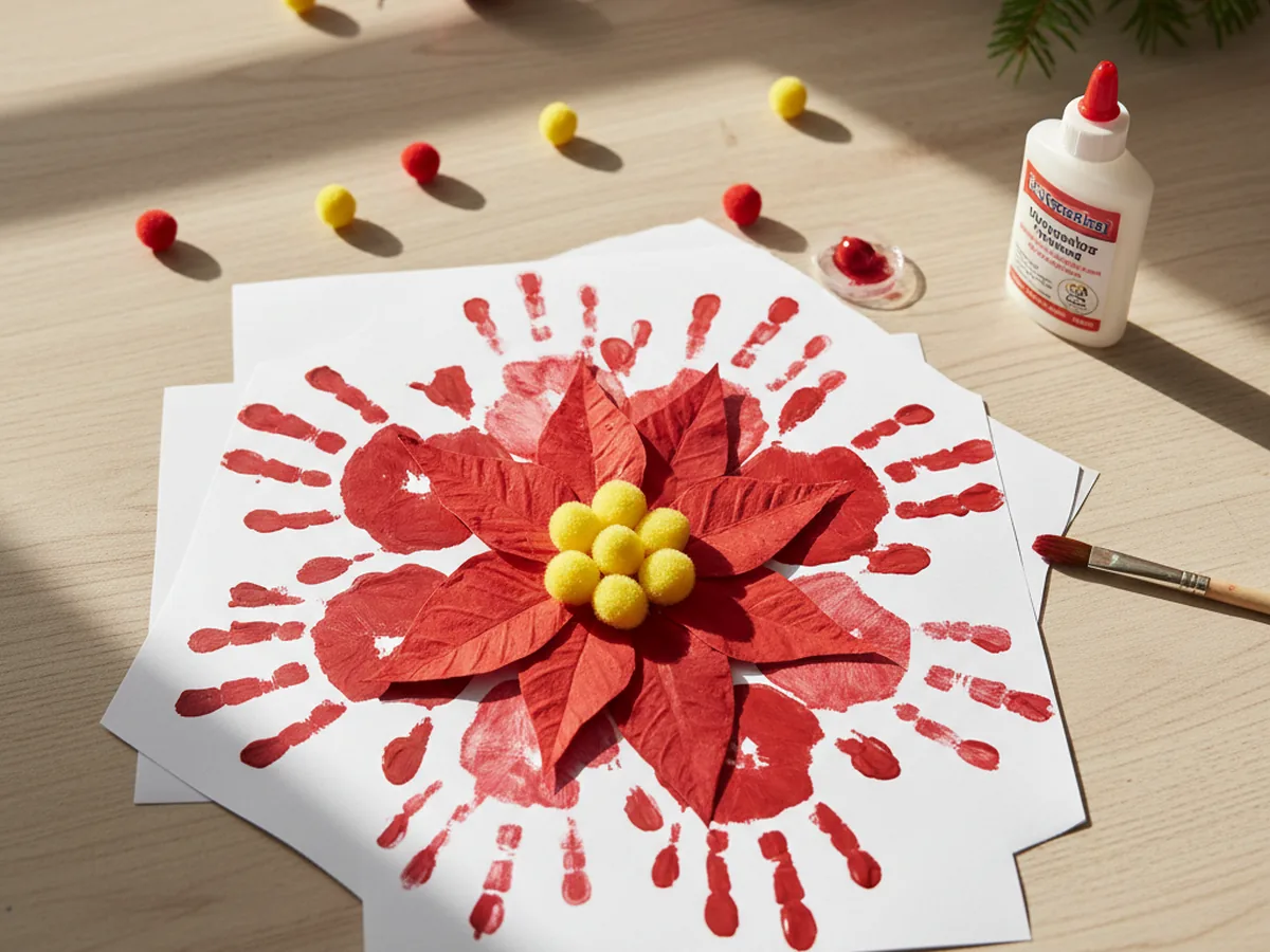 Handprint poinsettia made from red child handprints arranged in a starburst with yellow pom-pom centers
