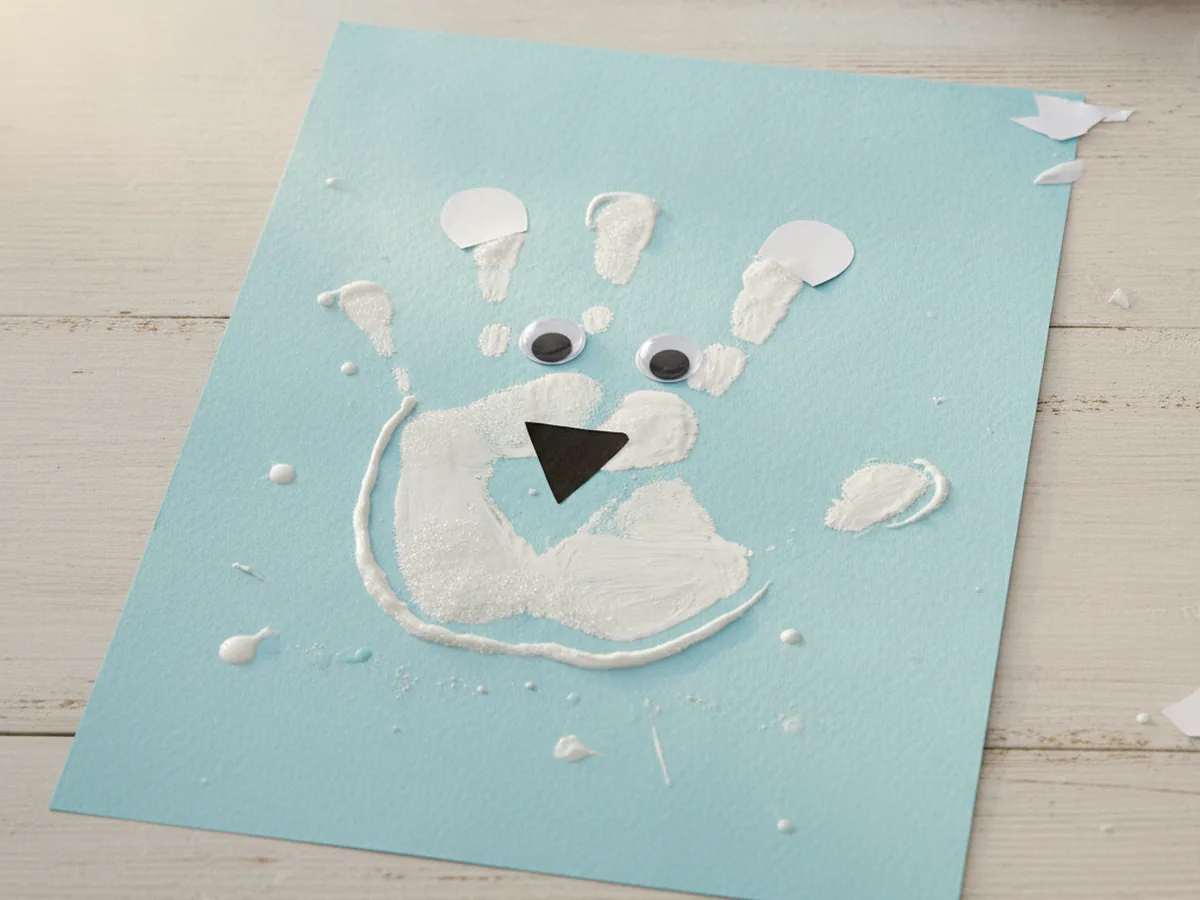 Handprint polar bear made from a white child handprint on blue paper with paper ears, black nose, and eyes