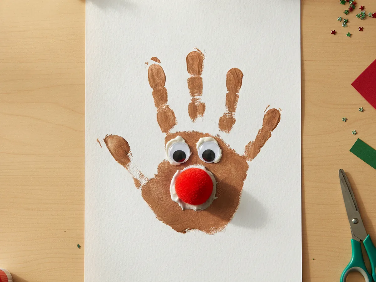 Handprint reindeer made from a brown child handprint with antler fingers, googly eyes, and a red pom-pom nose