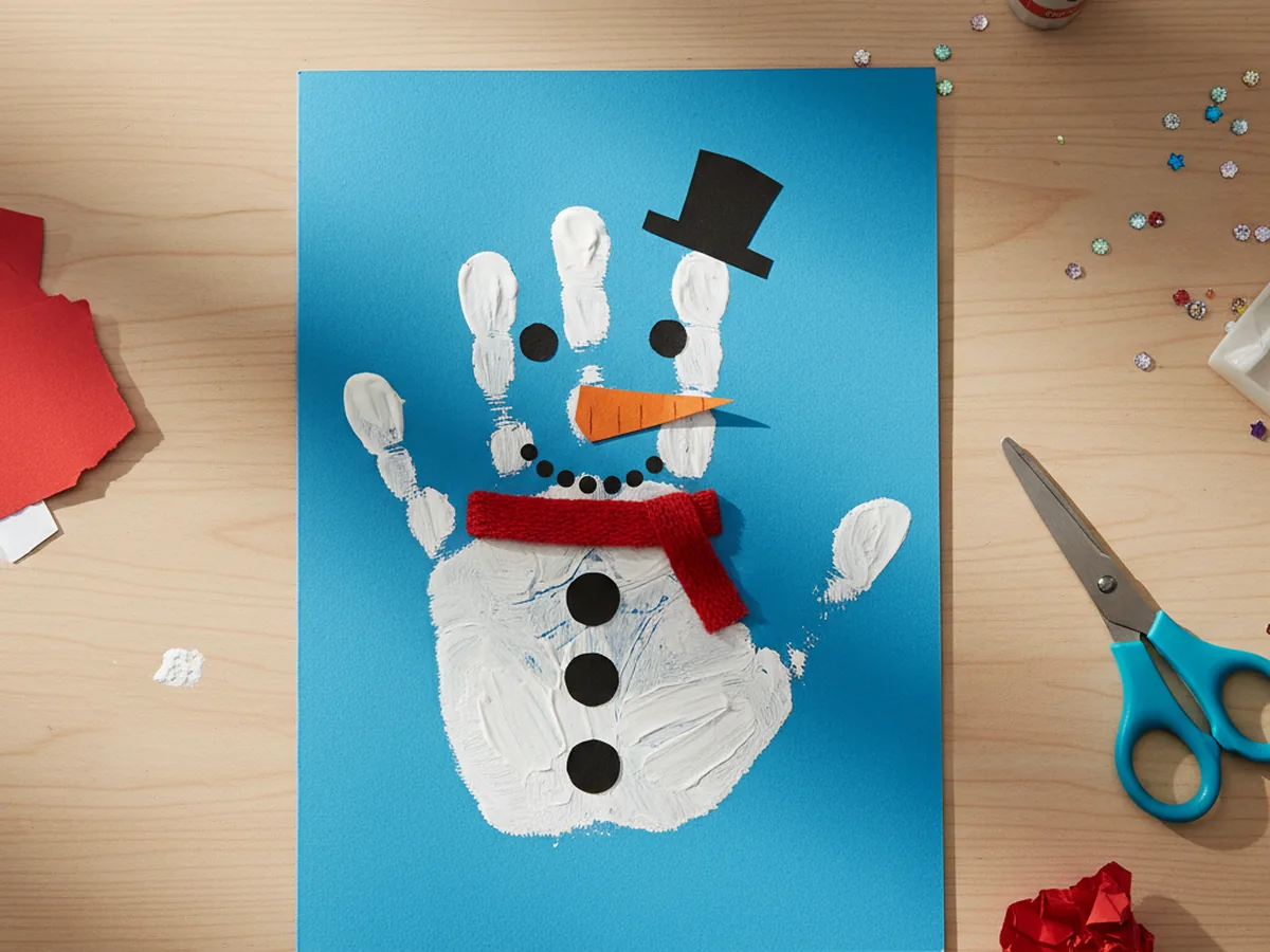 Handprint snowman made from a white child handprint on blue paper with a carrot nose, top hat, and red scarf