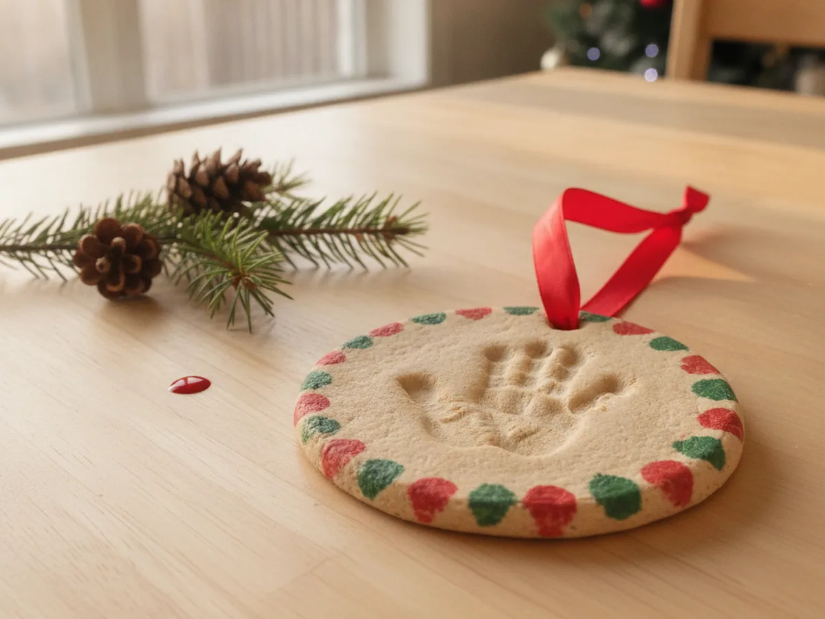Salt dough Christmas ornament with a child's handprint pressed in the center, a painted border, and a red ribbon