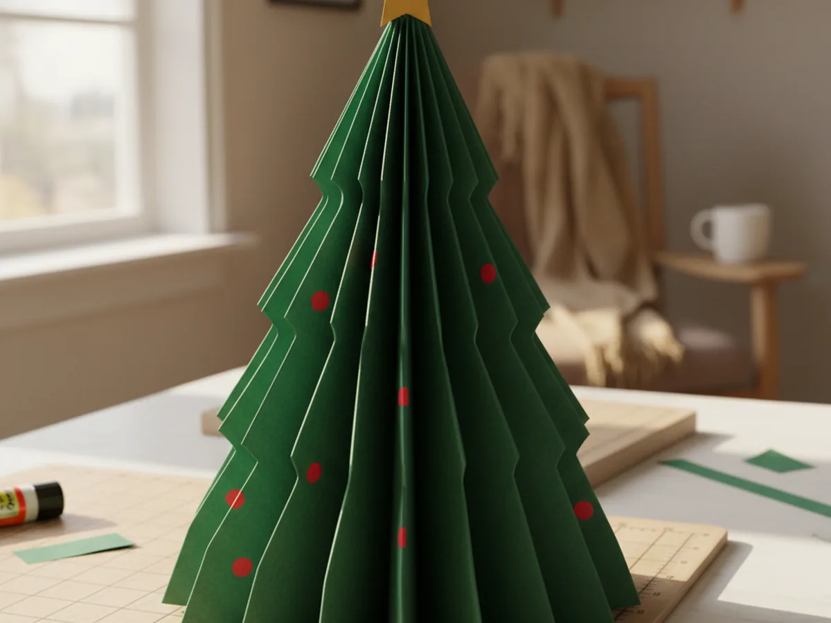 Accordion-folded green paper Christmas tree fanned out with a gold paper star on top