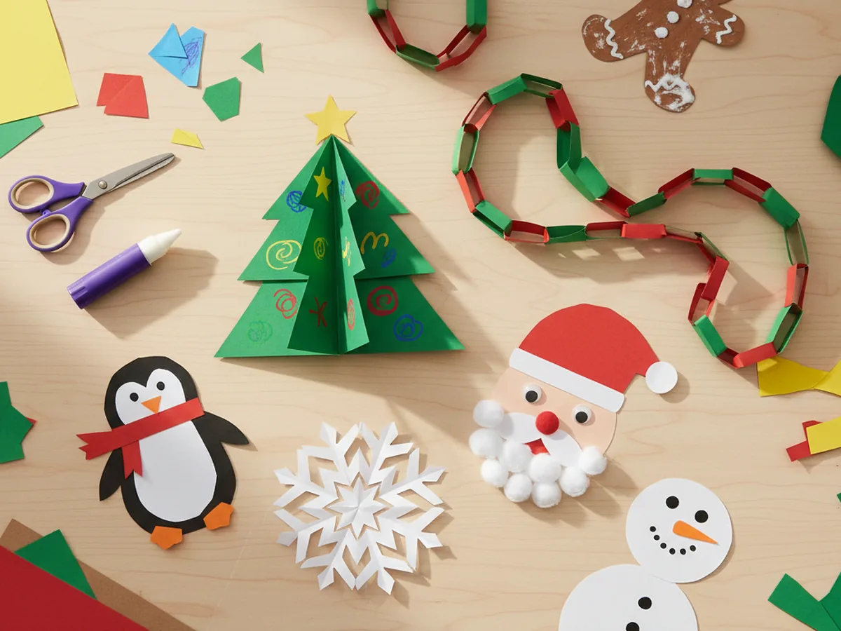 Colorful Christmas paper crafts for kindergarten kids spread on a white craft table