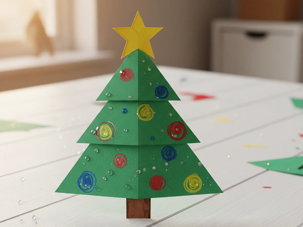 Layered green construction paper Christmas tree with a brown trunk and colorful marker-drawn ornaments