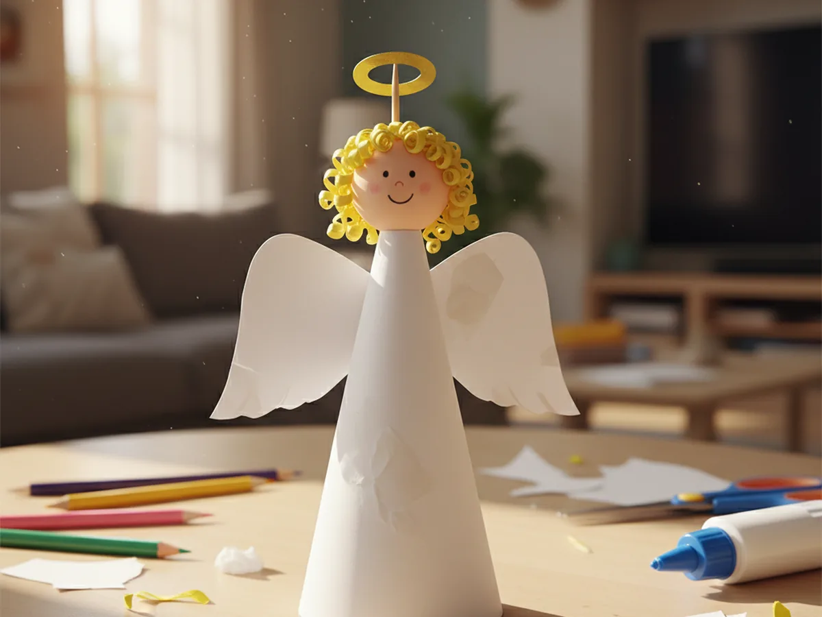 Handmade white paper angel with a cone dress, paper wings, and a gold paper halo