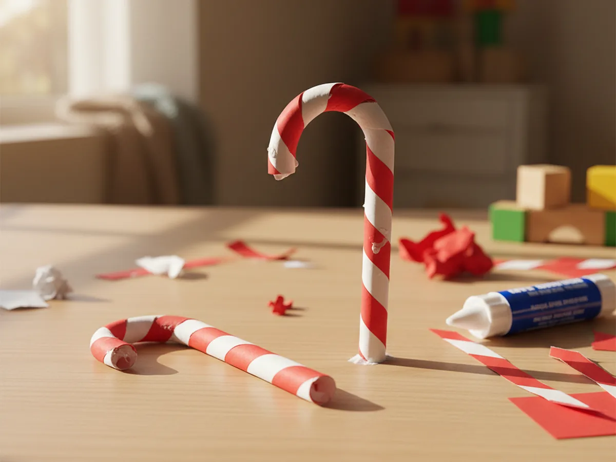 Handmade paper candy cane made from spiraled red and white paper strips with a curved hook top