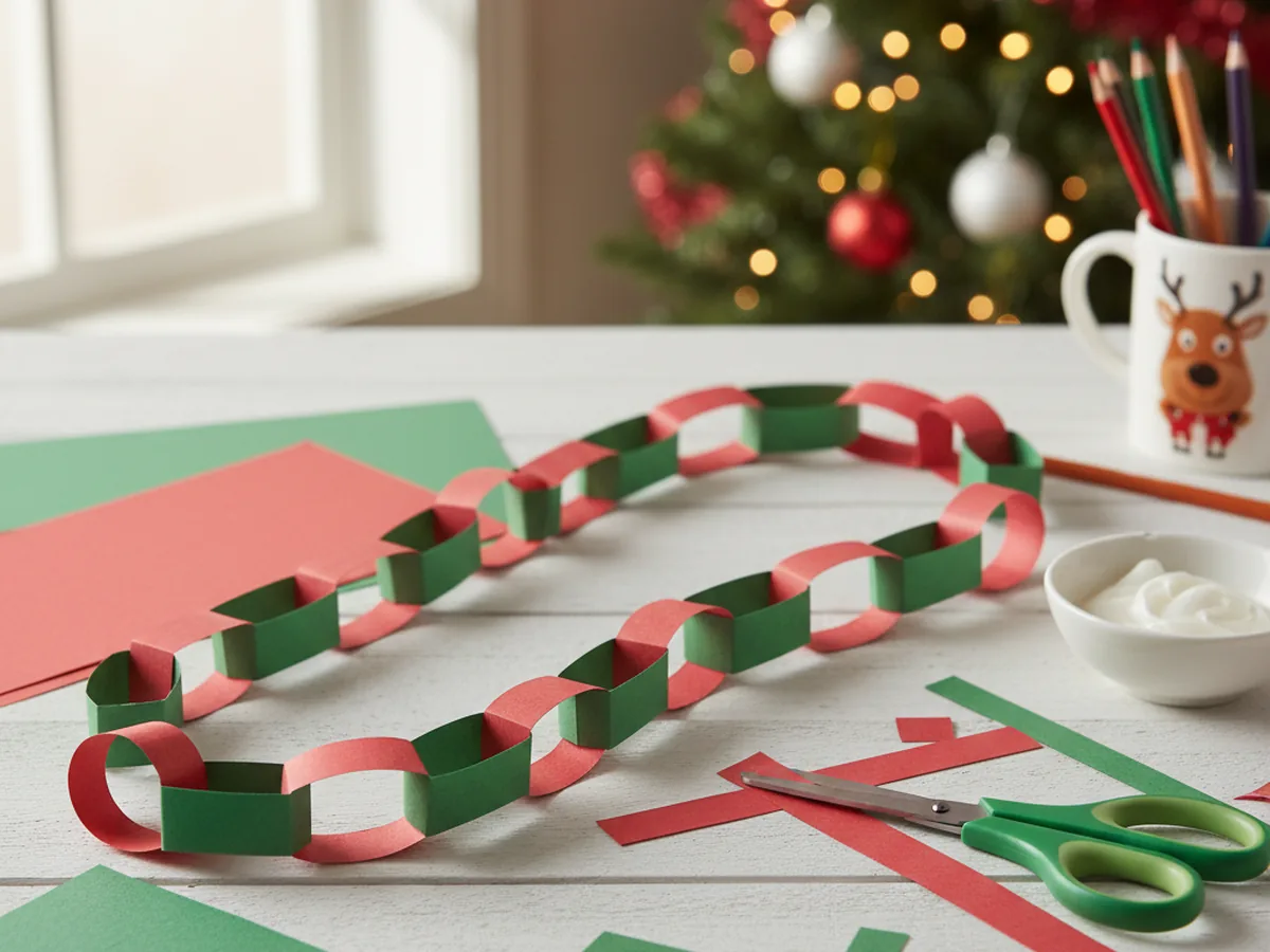 Red and green construction paper chain garland looped together on a wooden craft table