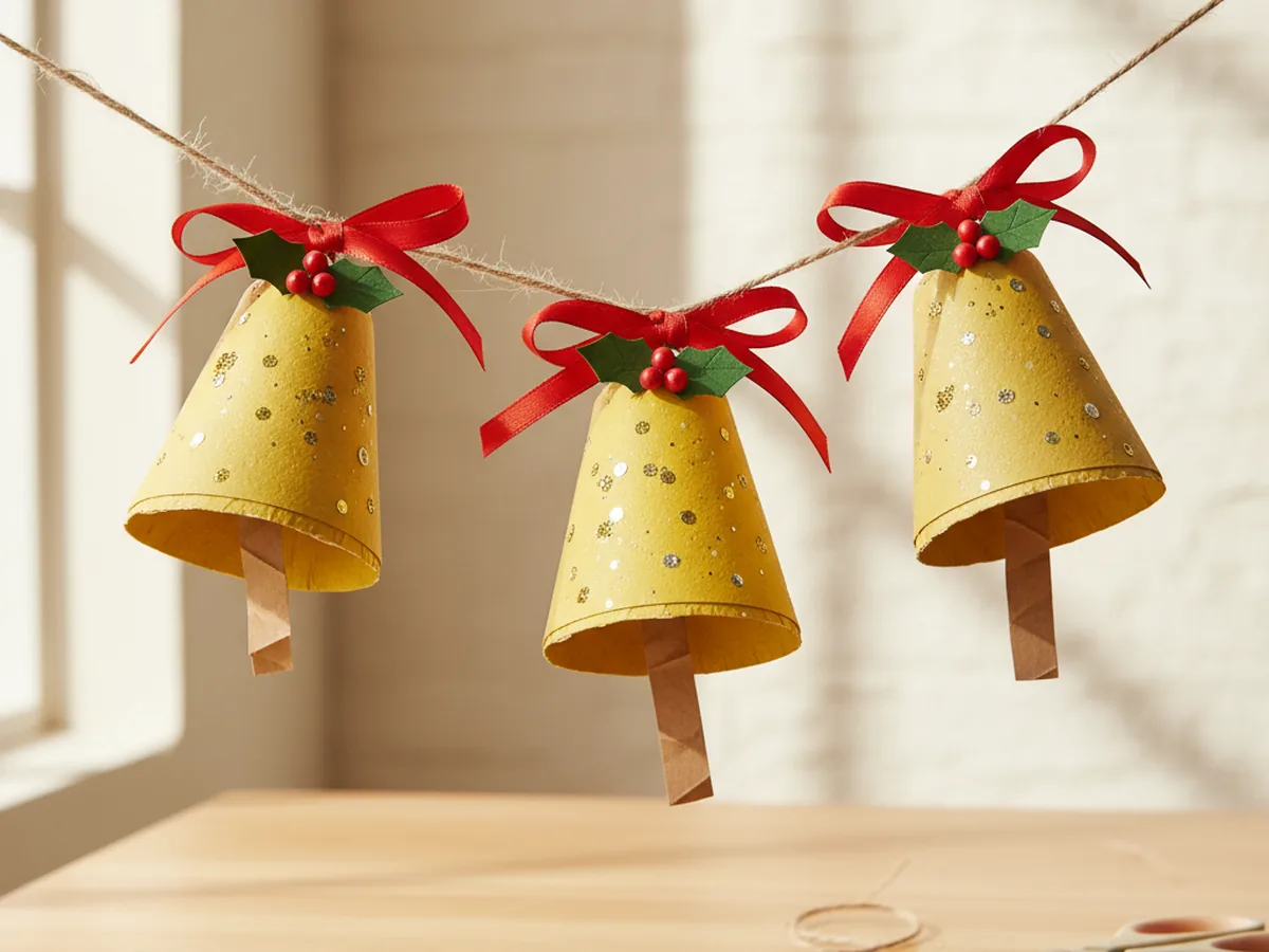 Handmade gold paper Christmas bell cone with a paper clapper and glitter glue decorations