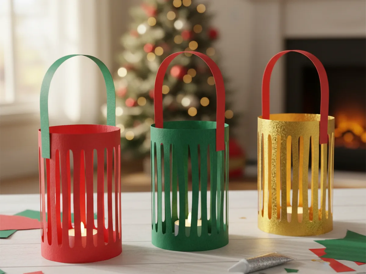 Handmade red and green paper Christmas lanterns with slit-cut sides and a paper handle