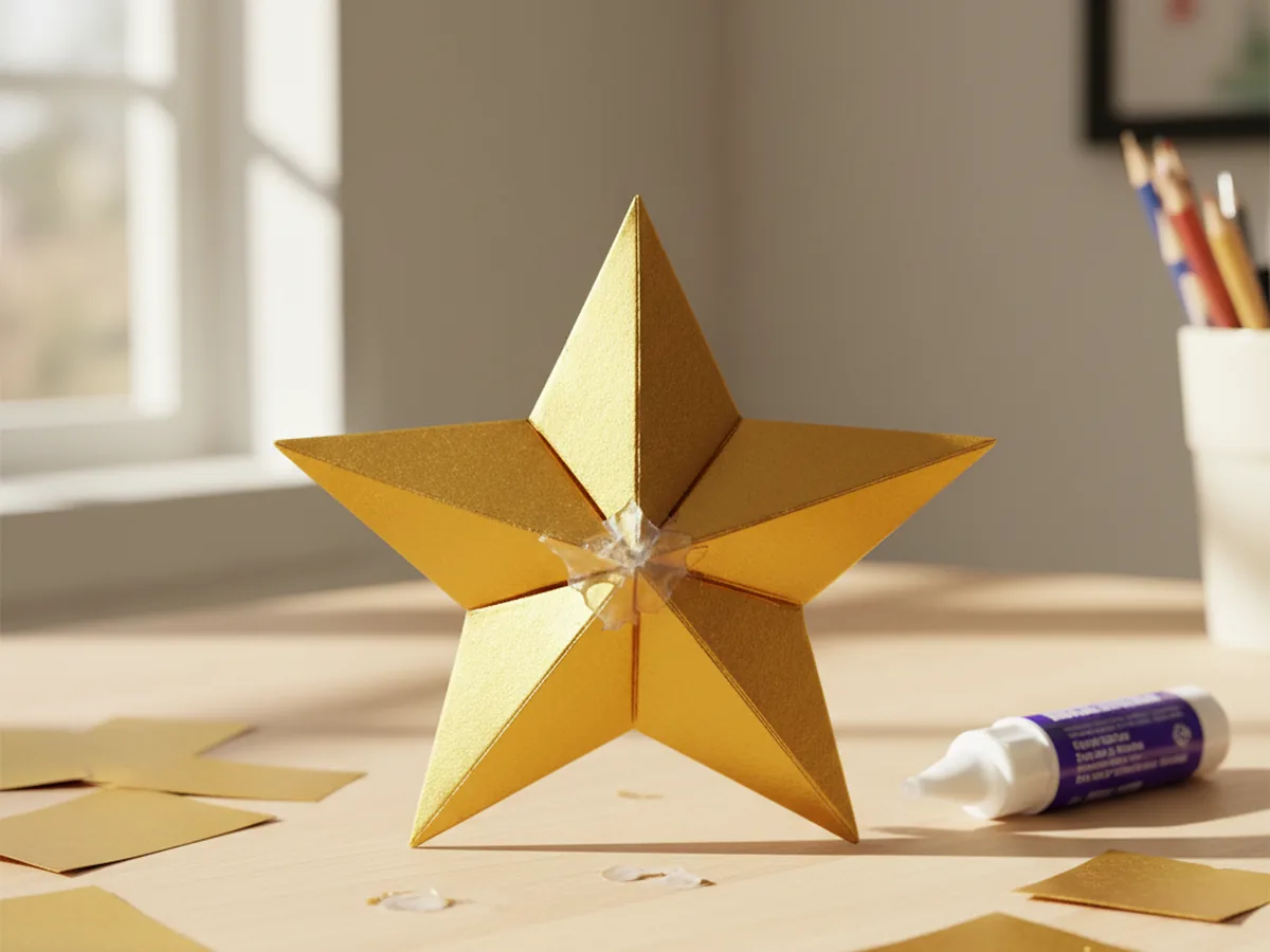 Handmade gold paper five-pointed Christmas star made from folded paper triangles arranged in a star shape