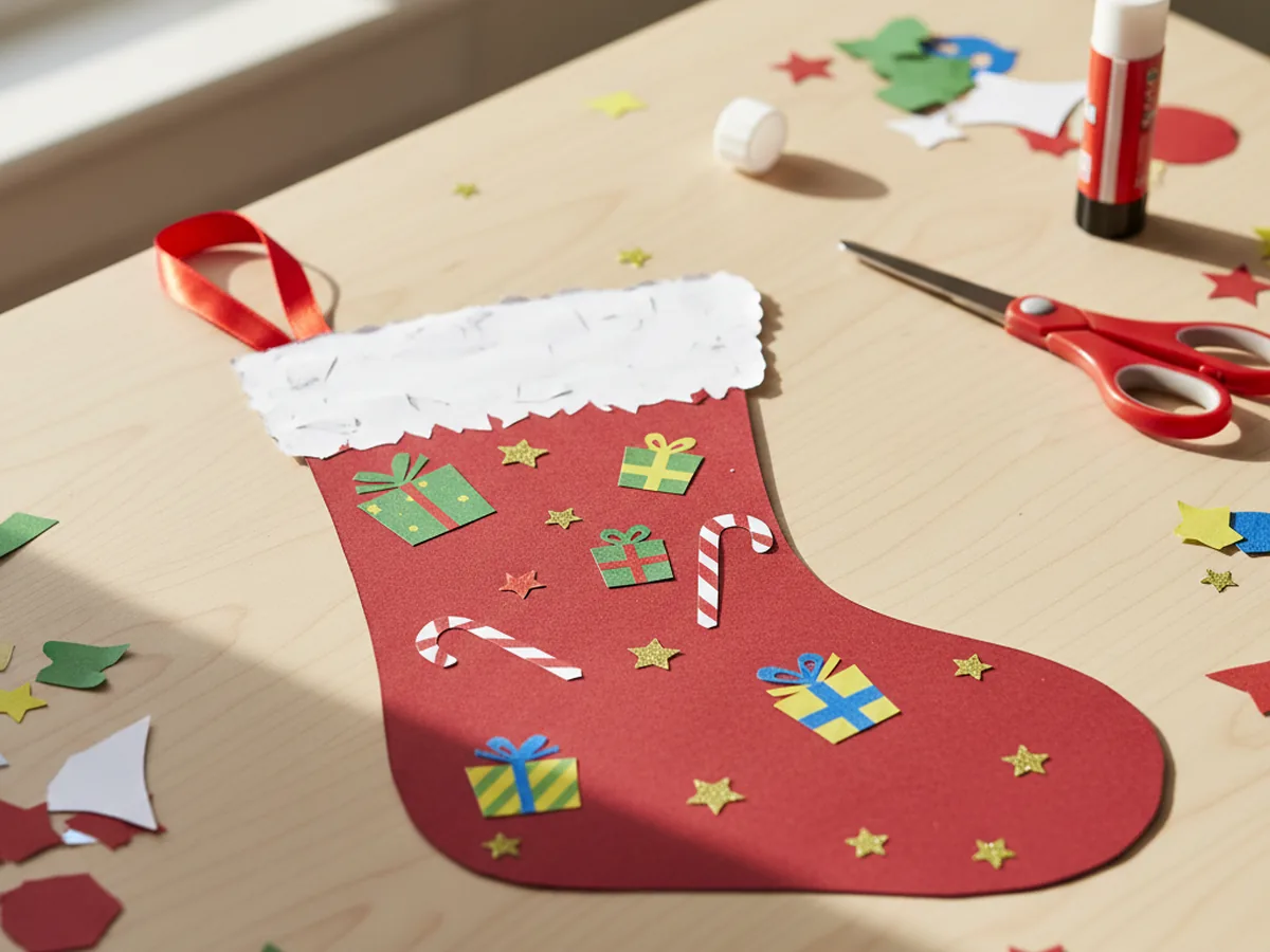 Handmade red paper Christmas stocking with a white cuff and small cut-out paper gifts and stars