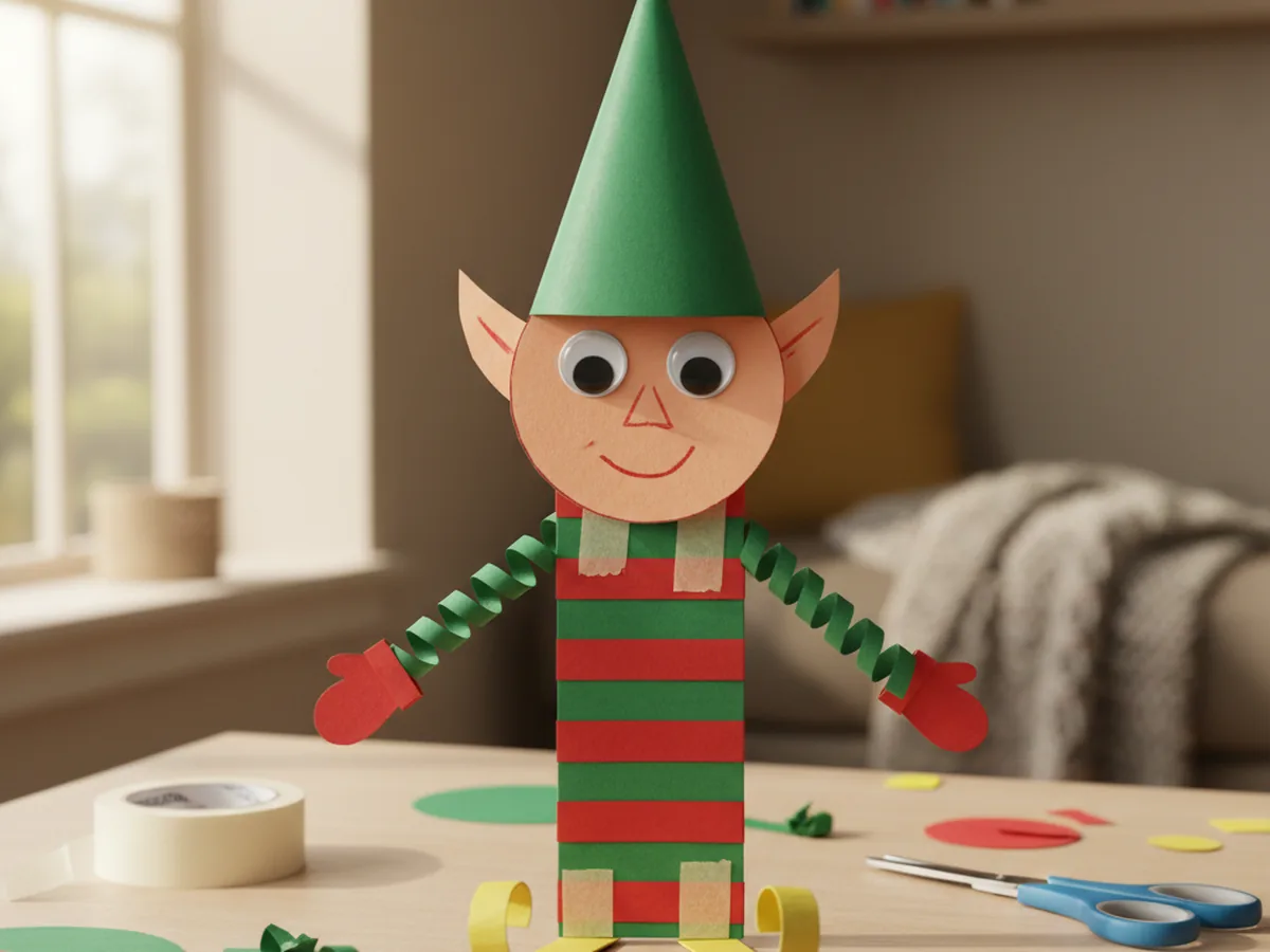 Handmade paper elf figure with a green cone hat, striped body, googly eyes, and curled paper feet