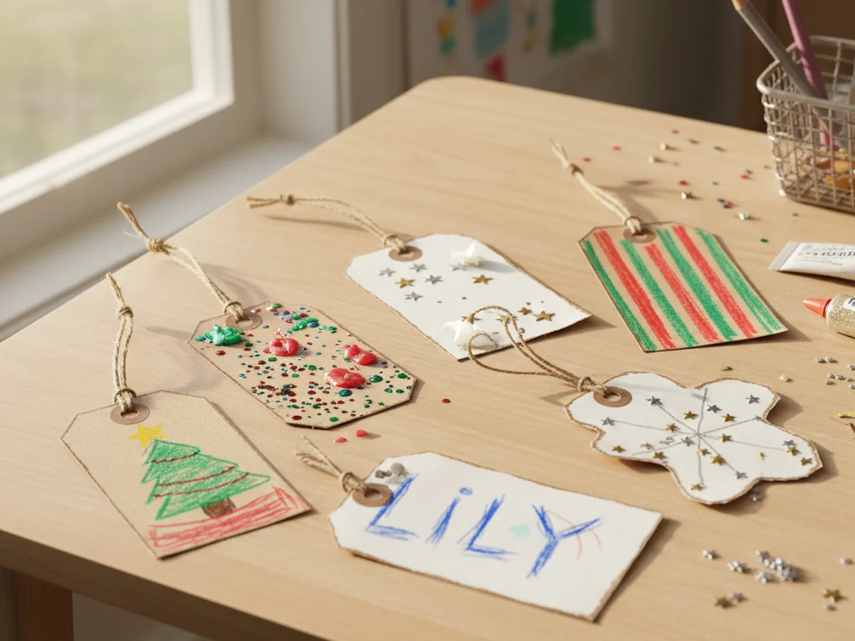 Handmade paper gift tags decorated by a child with drawings, glitter glue, and colorful marker patterns