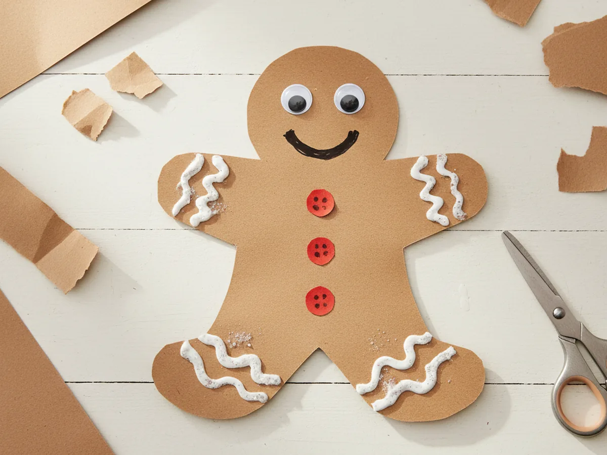 Brown construction paper gingerbread man decorated with white glitter glue icing and red button dots