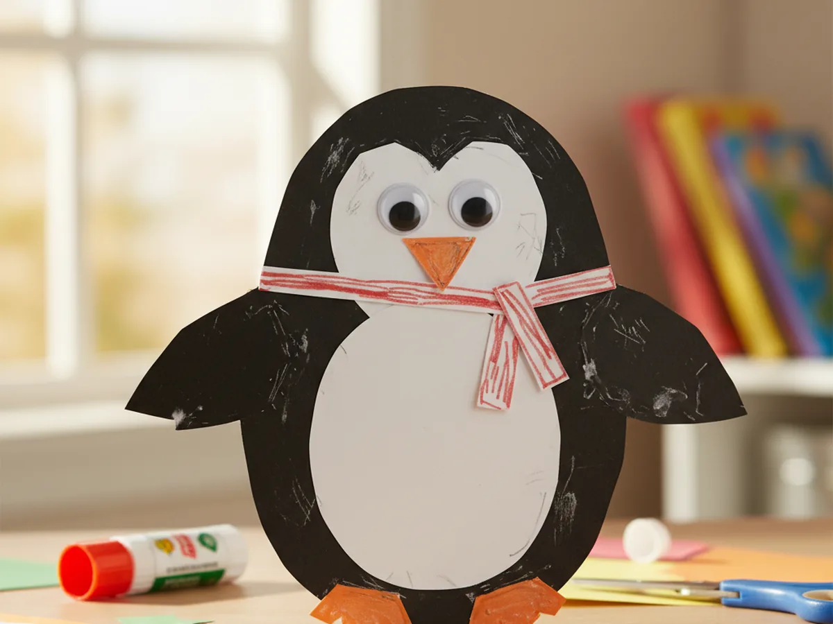 Handmade black and white paper penguin with googly eyes, an orange beak, and a red striped paper scarf