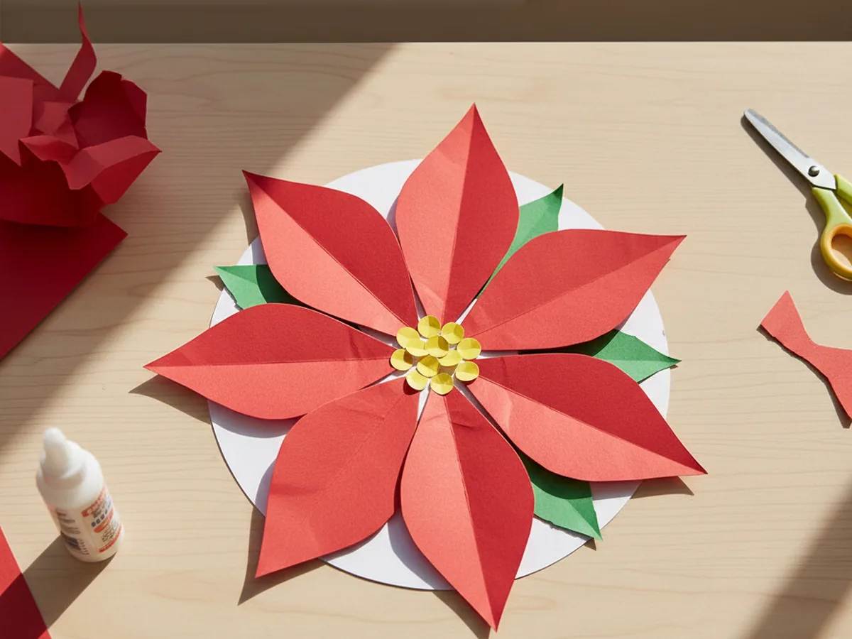 Handmade paper poinsettia flower made from red teardrop paper petals with yellow center dots