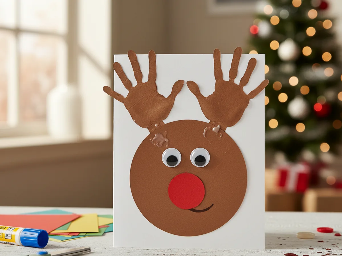 Handmade paper reindeer Christmas card with brown paper antlers, googly eyes, and a red nose