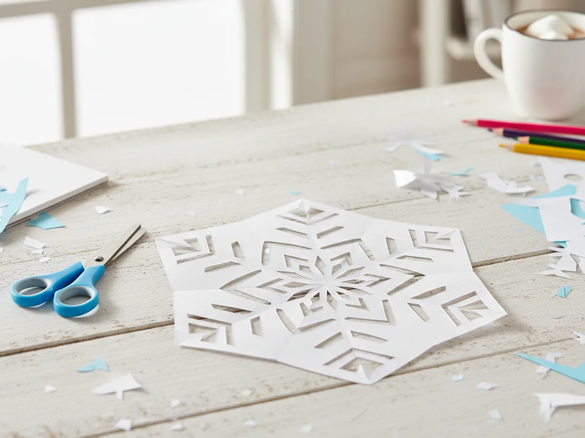 White paper snowflake with a symmetrical cut pattern unfolded on a light wood surface