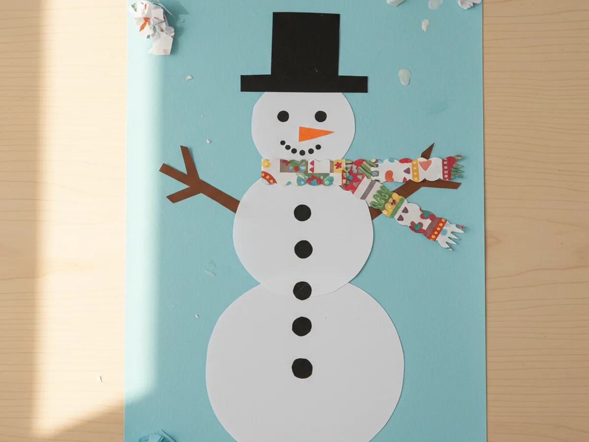 Handmade paper snowman made from three white circles with a black hat, stick arms, and button details