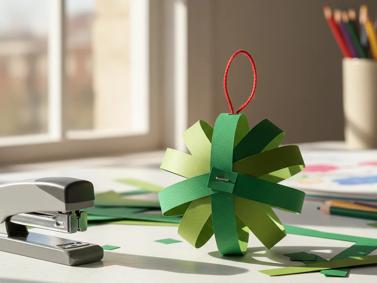 Handmade 3D paper strip ornament ball made from green paper strips fanned into a sphere shape