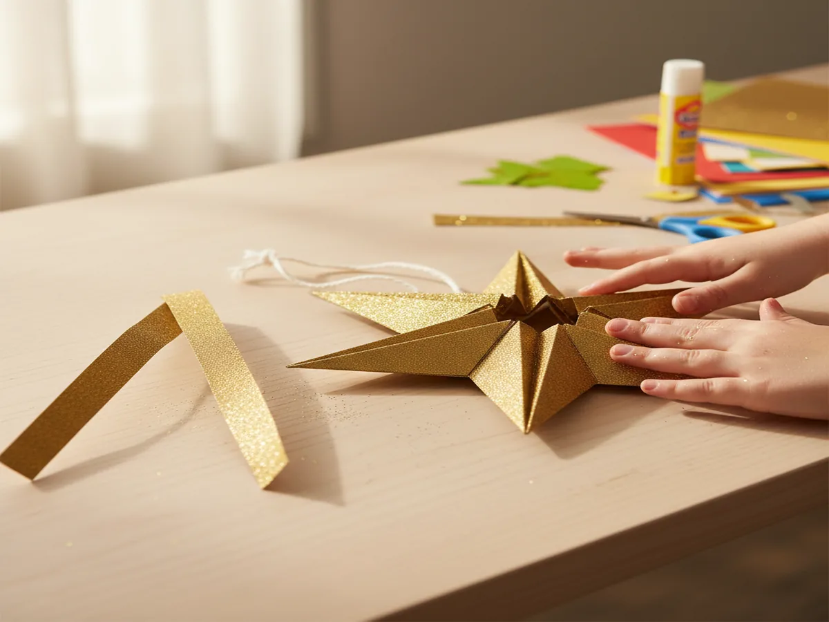 Handmade 3D accordion paper star made from five gold paper strips fanned into a dimensional star shape