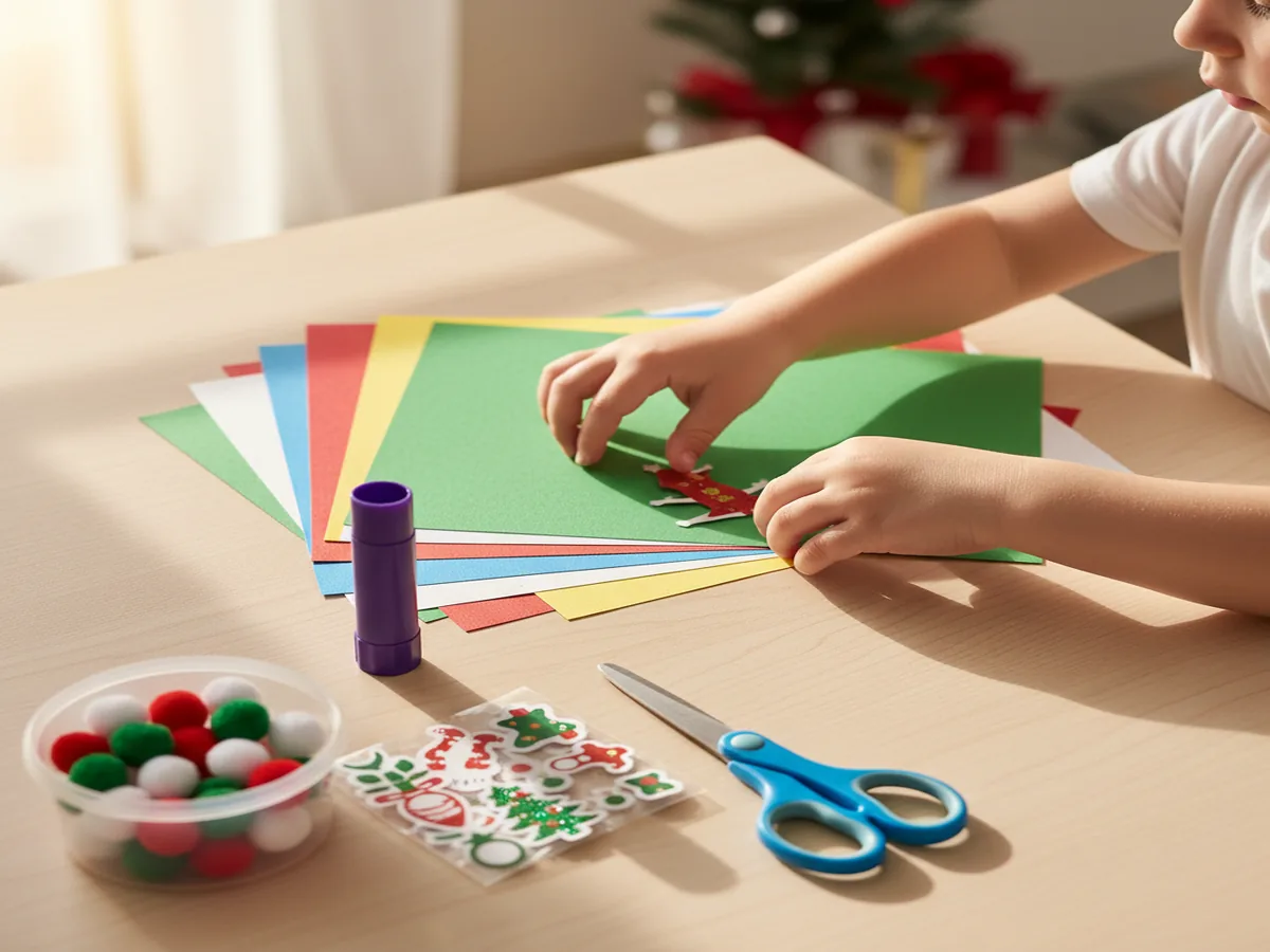 Child-sized hands gathering colorful paper, stickers, and markers to decorate a paper ornament craft