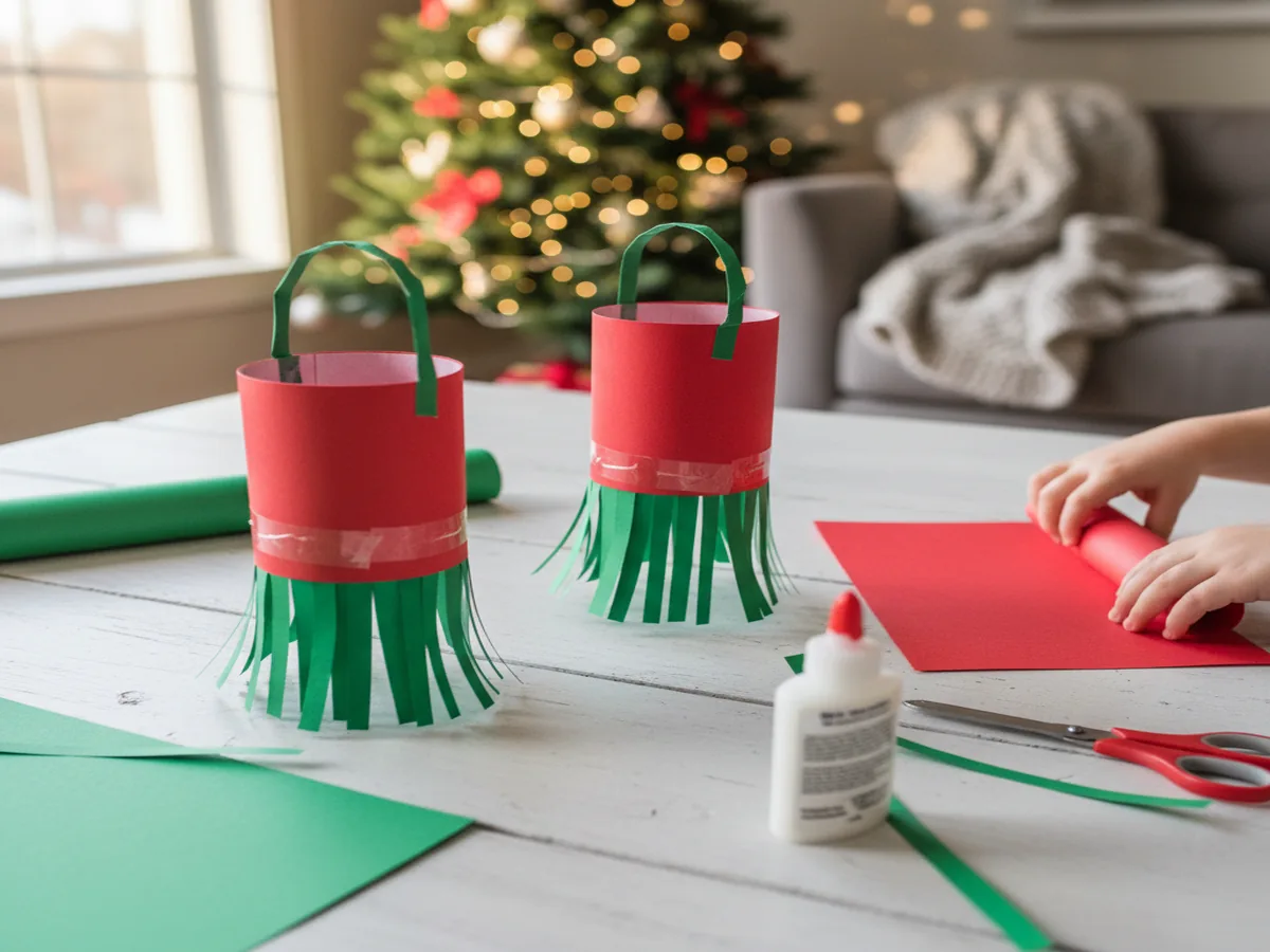Handmade Christmas paper lantern made from a rolled red construction paper cylinder with green fringe hanging inside
