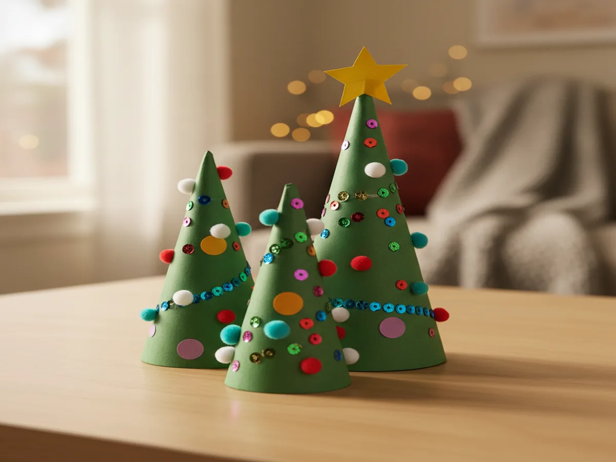 Small handmade paper cone Christmas trees decorated with sequins and pom-poms on a craft table