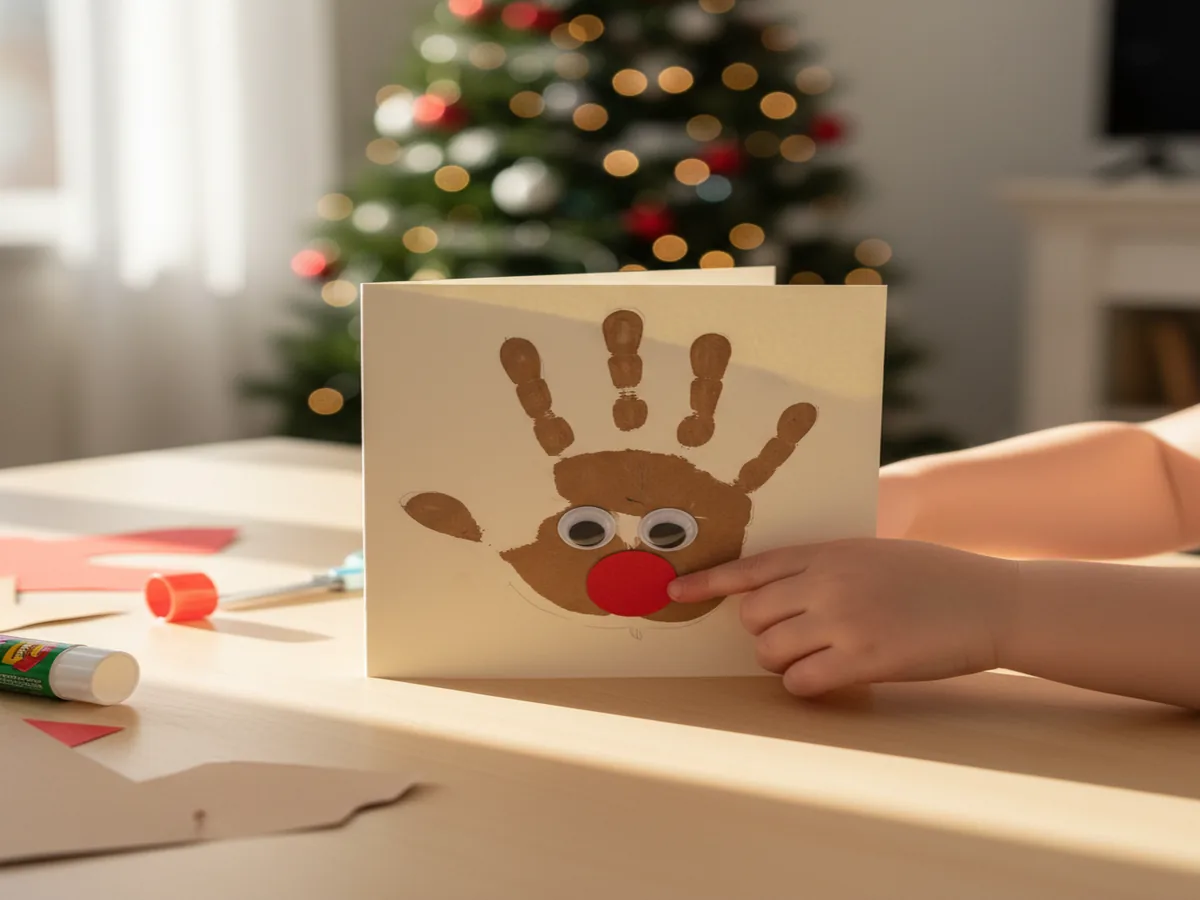 Handmade handprint reindeer Christmas card made from a brown paper handprint with googly eyes and red nose