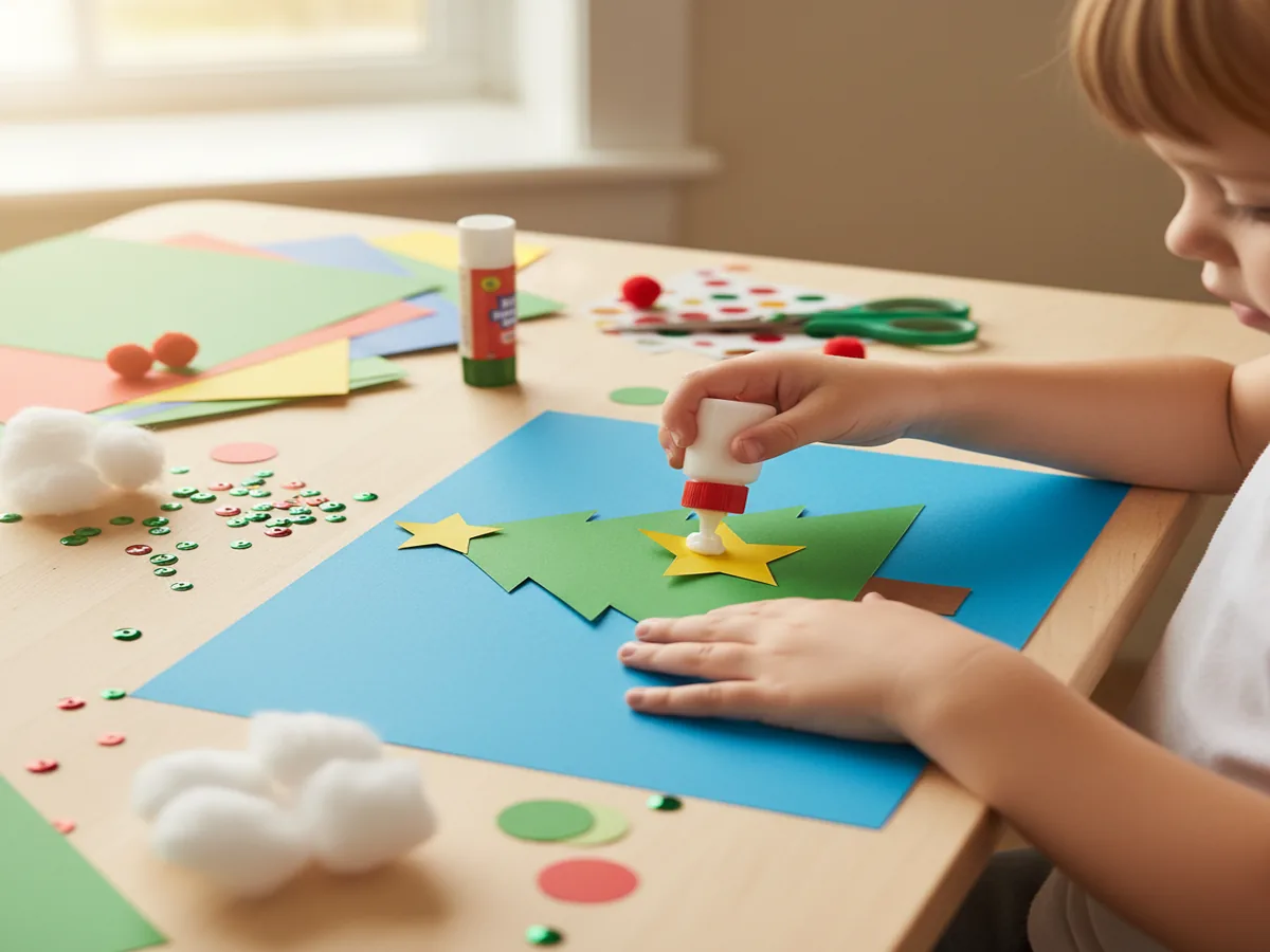 Little hands gluing and decorating handmade Christmas gift tags on a craft table