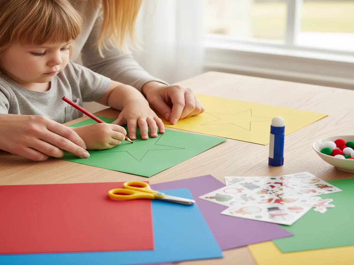 A mom helping a preschooler decorate a paper gingerbread man with markers and stickers