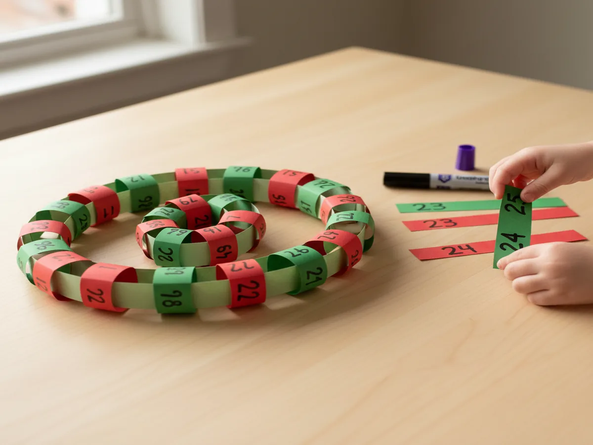Handmade paper advent countdown chain with numbered paper strip links in red and green looped together