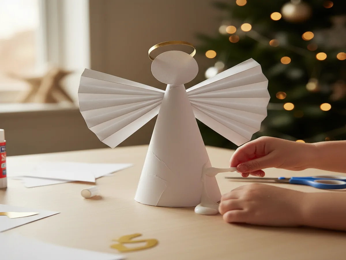 Handmade paper angel craft made from white cardstock cone body with accordion-fold wings and gold halo