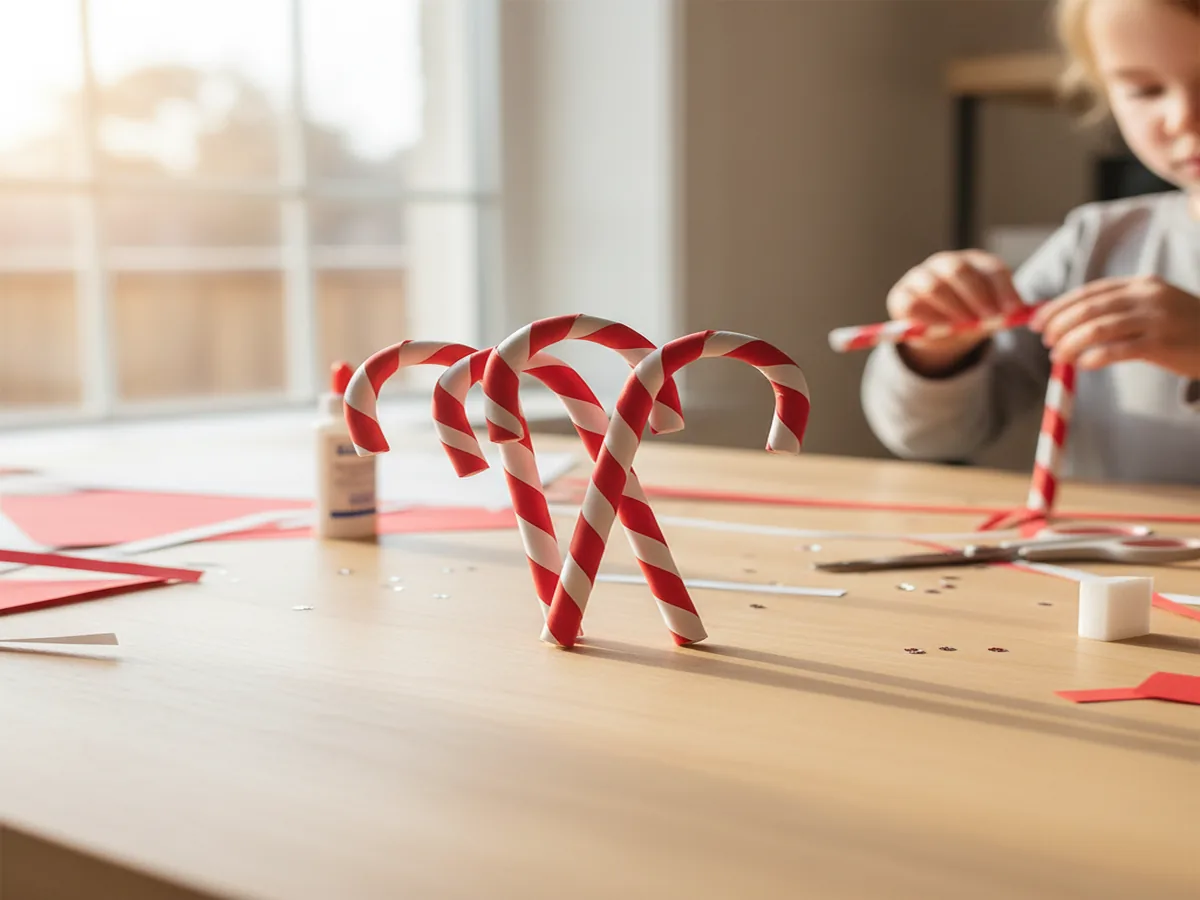 Handmade paper candy canes made by twisting red and white paper strips together