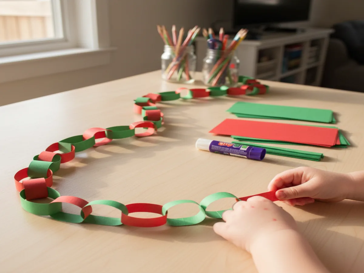 Colorful red and green paper chain garland made from construction paper loops