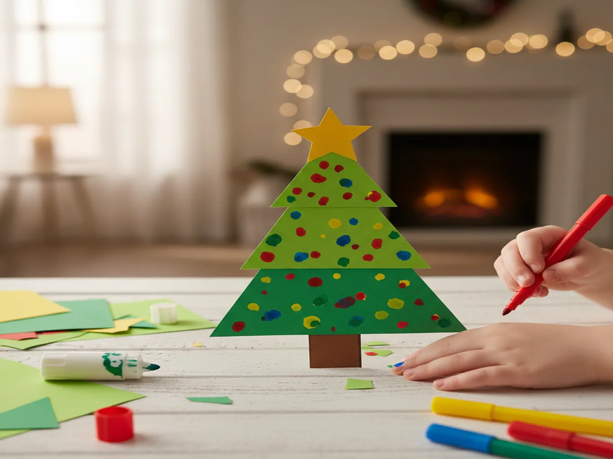 Handmade paper Christmas tree made from stacked green construction paper triangles on a craft table
