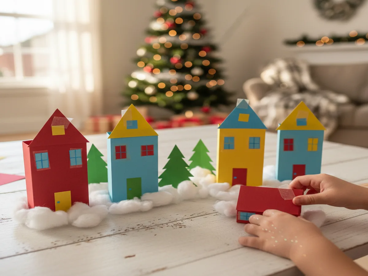 Handmade paper Christmas village scene with colorful paper buildings, triangle roofs, and cotton ball snow on a table