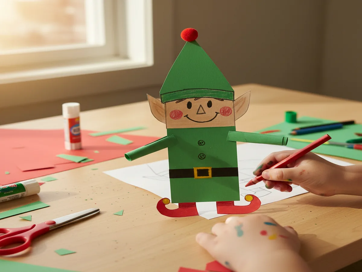 Handmade paper elf craft made from green cardstock with a pointy hat, curled-toe shoes, and a cheeky drawn face